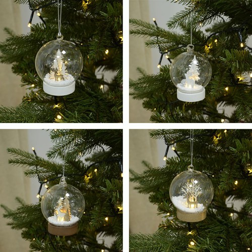 Glass Christmas Tree Light Up Baubles Reindeer & Trees With Faux Snow