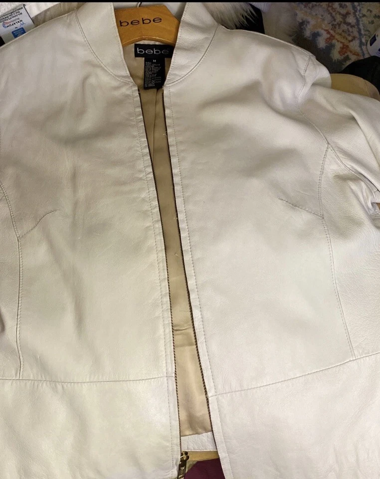 Bebe Genuine Leather Motorcycle Biker Jacket White Size M - Image 3 of 4