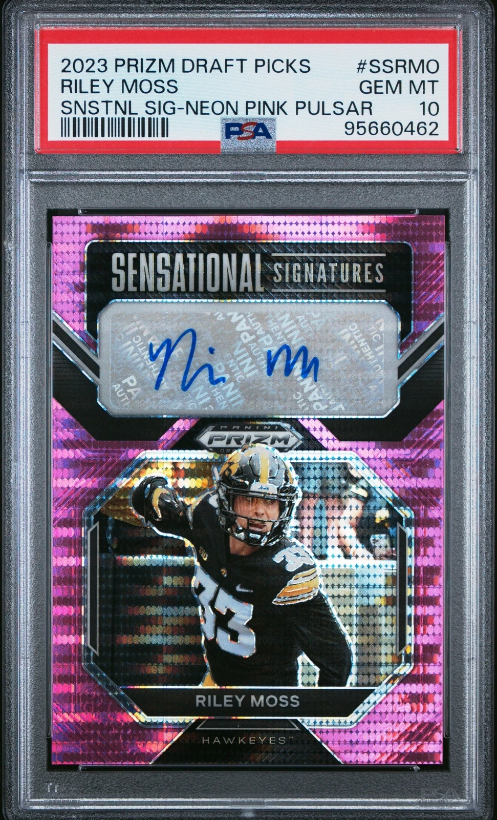 Riley Moss Panini Prizm Draft Picks Sensational Signature #SSRMO Neon Pink Pulsar