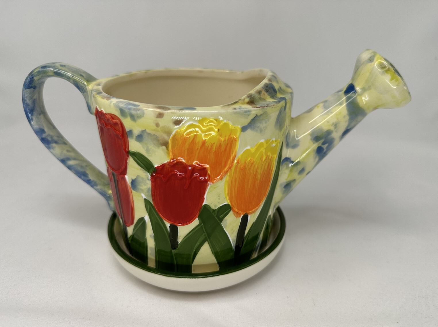 Benaya Art Ceramics Planter and Saucer Watering Can Painted Tulips