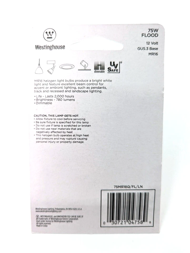 Six (6) Westinghouse 12 Volt 75w Flood 2-Pin GU5.3 Base Light Bulbs MR16 - Image 4 of 4