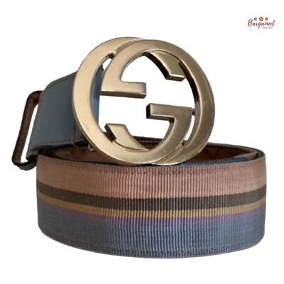 Authentic Gucci Multi Web Canvas Leather Gold Interlocking G Buckle Belt 85/34 Authentic Gucci Multi Web Canvas Leather Gold Interlocking G  main image 3