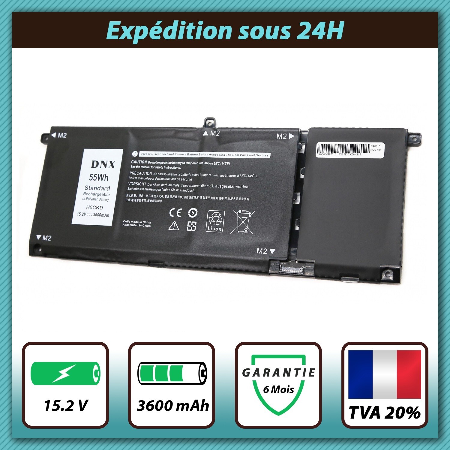 Batterie Dell Vostro 5300 5401 5402 de 15.2V 3600mAh pour ordinateur