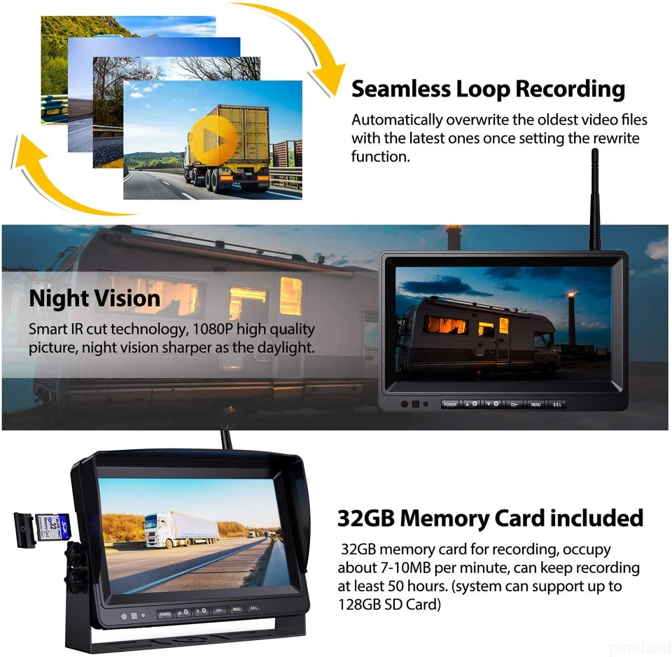 Digital Wireless 9" Quad Splitscreen DVR Monitor Reversing 4x Cameras 12V 24V HD - Image 4 of 4