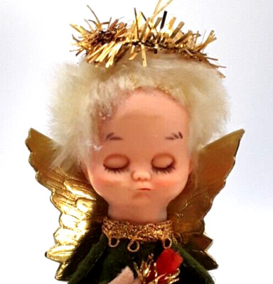 Christmas Napco Green Gold Felt Angel Pixie Cherub Ornament,Japan,Valentines Day