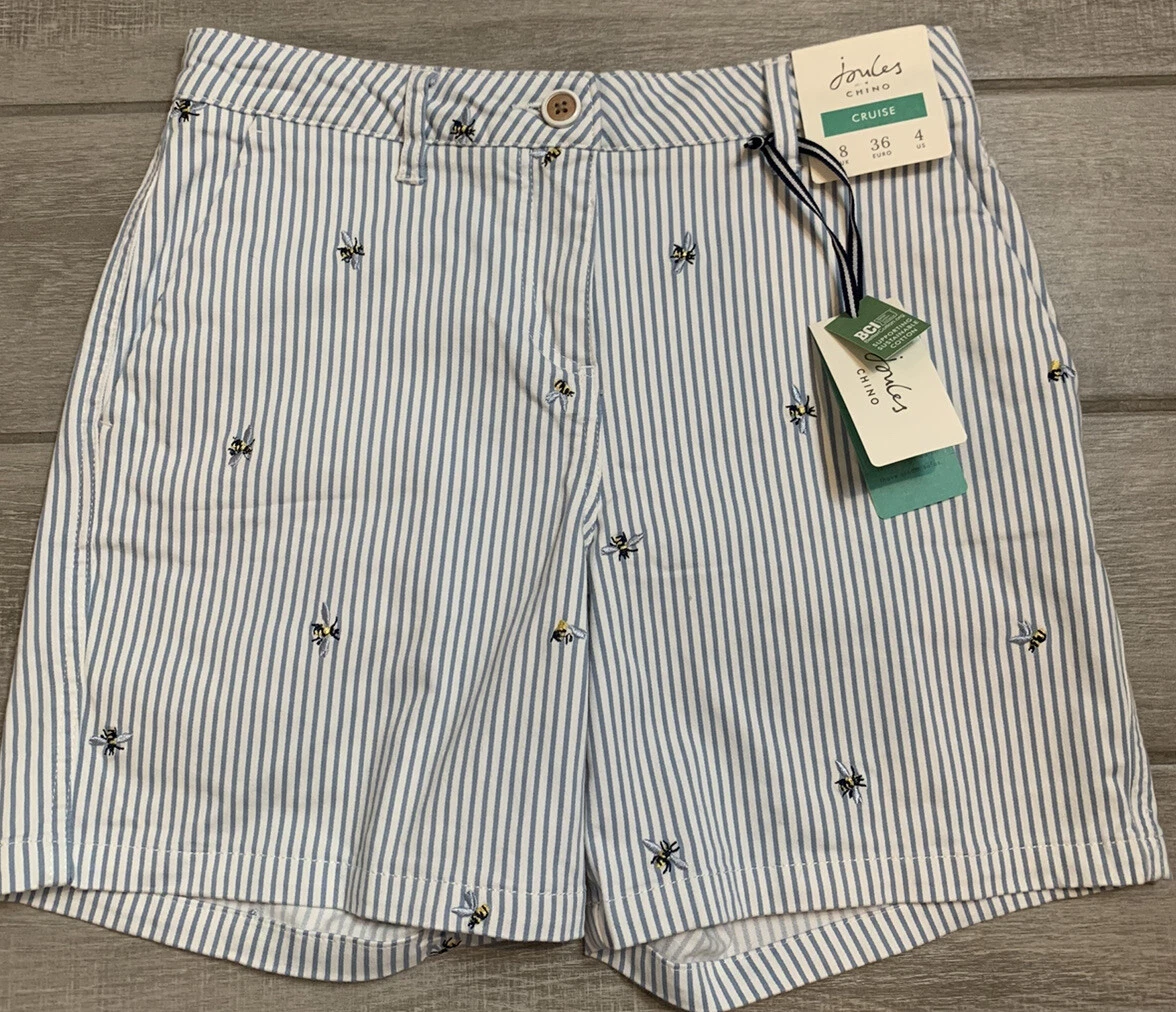 NEW Joules Shorts Women s US 4 Cruise Chino 6 Inseam Blue White Stripes BEES
