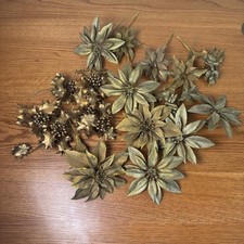 Vintage Metallic Gold Artificial Poinsettia Holly Berry Picks Christmas Decor