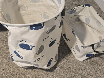 Whale Print Fabric Storage Baskets Set of 2, Foldable with Handles, Blue/Gray