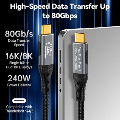 6.6ft High Speed Thunderbolt 5 USB4 Gen4 Type-C Video Data Cable 16K 80Gbps 240W