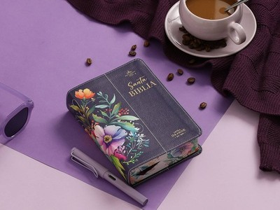 Biblia Portátil Letra Grande 12 puntos RV1960, imit piel Lila Canto flores