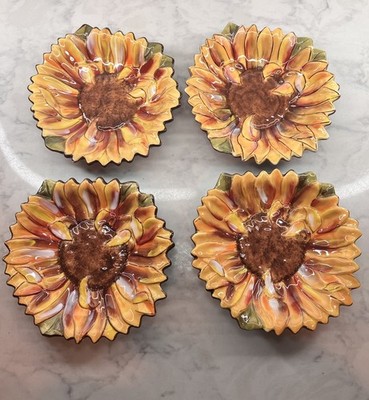 Clay Art Sunflower Hand Painted Ceramic Plates Set of 4 Scalloped Edge VTG