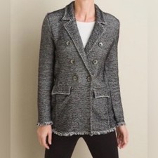 Chico's Black White Tweed-Style Fringe Double-Breasted Blazer, size 2
