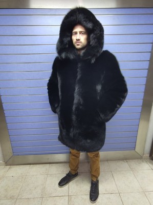 Luxury Full Skin Black Fox Fur Mens Coat Real Fur DOUBLESIDED With Hood