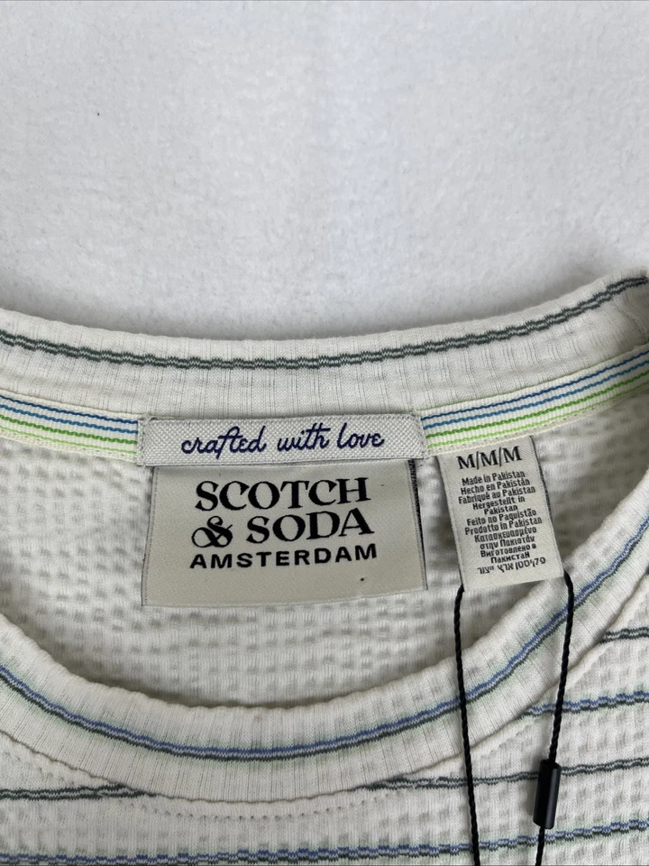 Scotch Soda Hombre’s M Beige Seersucker Texturizado Rayas Manga Corta Algodón Elástico Foto 4 de 4