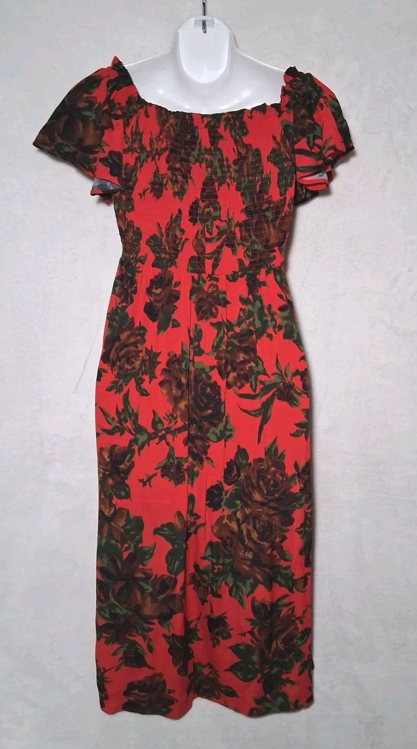 PALM ANGELS ZARA Abito Midi Smocked Medio Rosso Floreale Verde Marrone Manica Svolazzante Cottagecore
