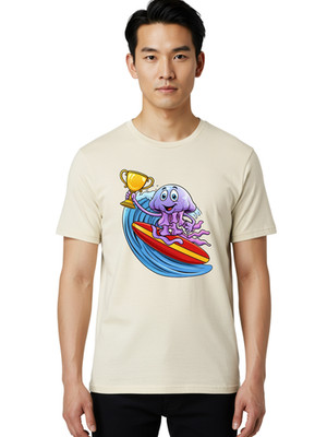 Octopus-Surfing-2 Mens Graphic Tee, 100% Cotton, Casual Summer Wear