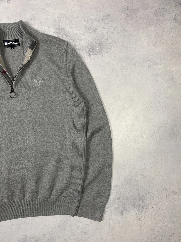Barbour Jumper Mens Medium Gray Nova Check Half Zip Neck Cotton Sweater Knit - Image 3 of 4