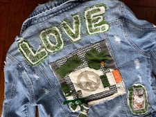 Artsy Upcycled XL Hippie Denim Jacket St Patrick’s Patchwork Woodstock 9 Pockets