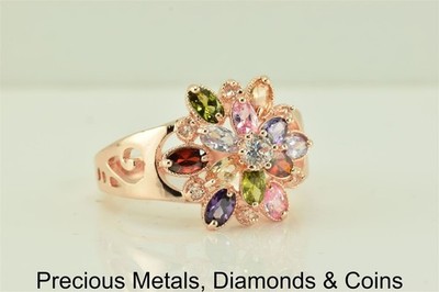  Colorful Clustered Flower Scrolled Band Rose / Copper Finished Ring Sz: 11.5