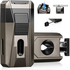 All-in-one Torch Lighter with Cigar Cutter Draw Enhancer Tool Dual Jet Flame