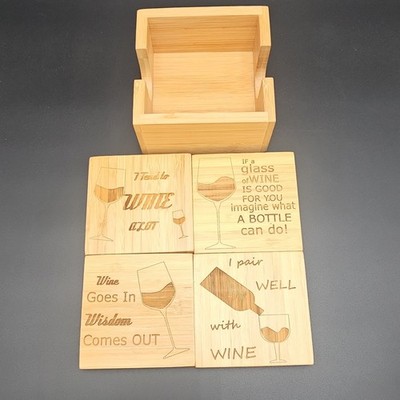 Wine-Themed Light Brown Wooden Square Coaster Set with Holder, Slip-Proof, 5pcs