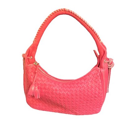Talbots Pink Woven Shoulder Bag Whipstitch Tassel Silver Hardware Lined