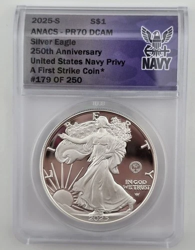 2025 S Proof American Silver Eagle Navy Privy Anacs Pr70 Dcam 250th Anniversary
