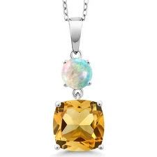 925 Silver Yellow Citrine and White Opal Pendant Necklace For Women (4.60 Cttw)