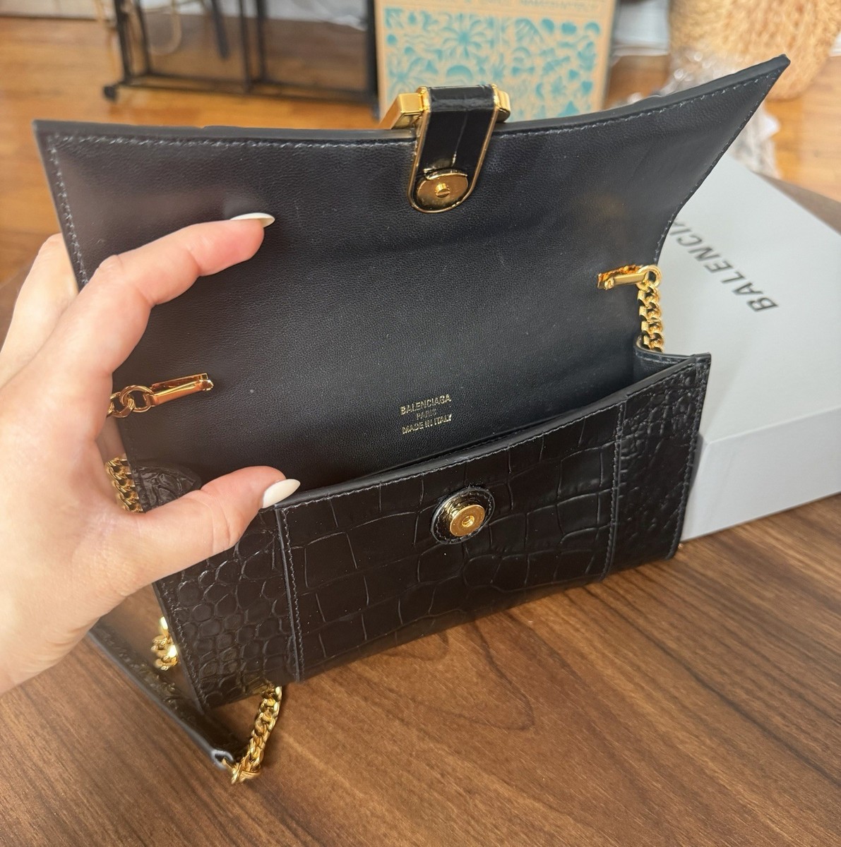 Balenciaga Black Crocodile Embossed Shoulder Bag with Gold Chain Balenciaga Black Crocodile Embossed Shoulder Bag with Gold Chain