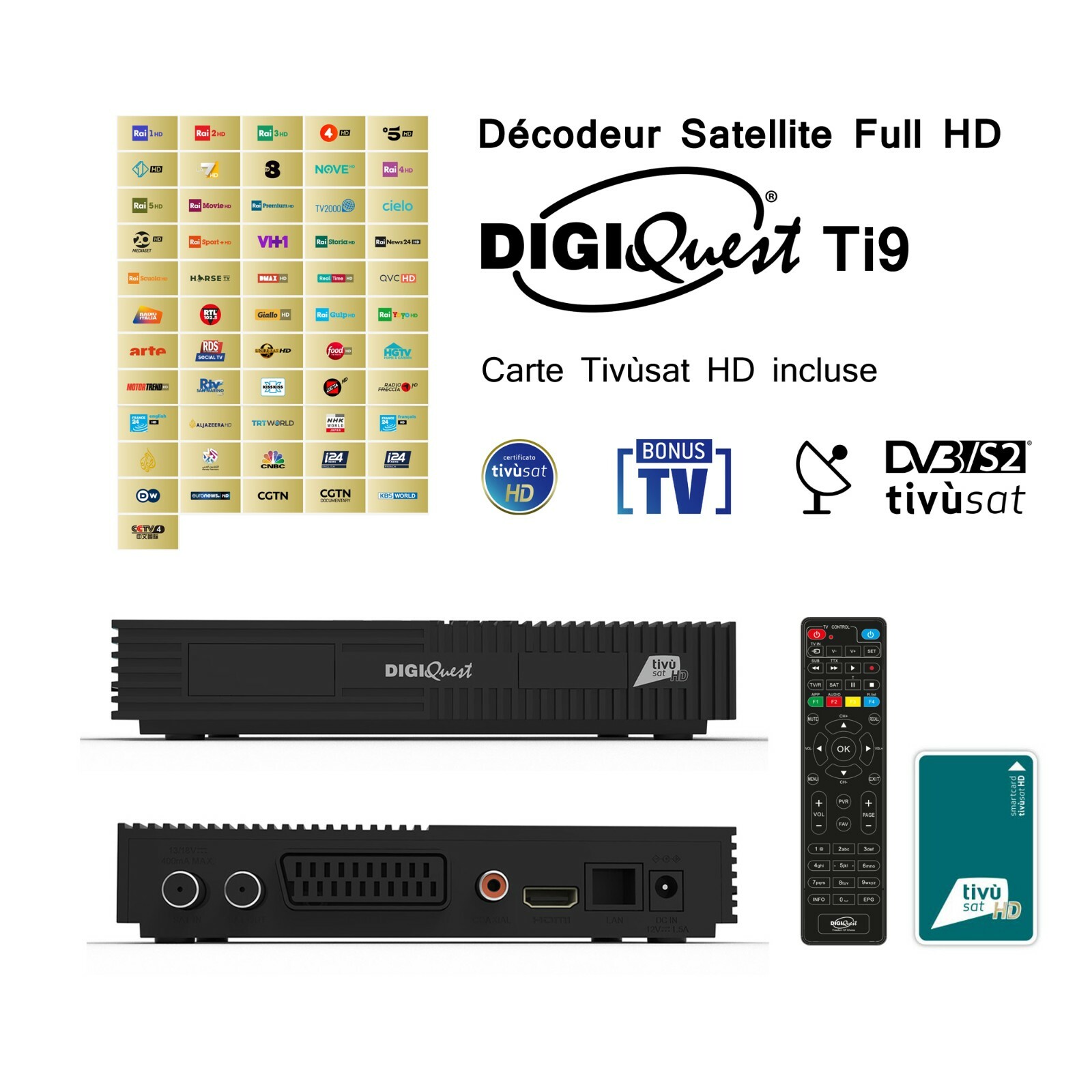 Décodeur Satellite Full HD DIGIQUEST Ti9 - Pack avec Carte Tivùsat HD
