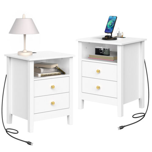 Set of 2 Pcs Nightstand Bedside Table 2 Sliding Drawers with Power Outlets - Picture 2 of 12