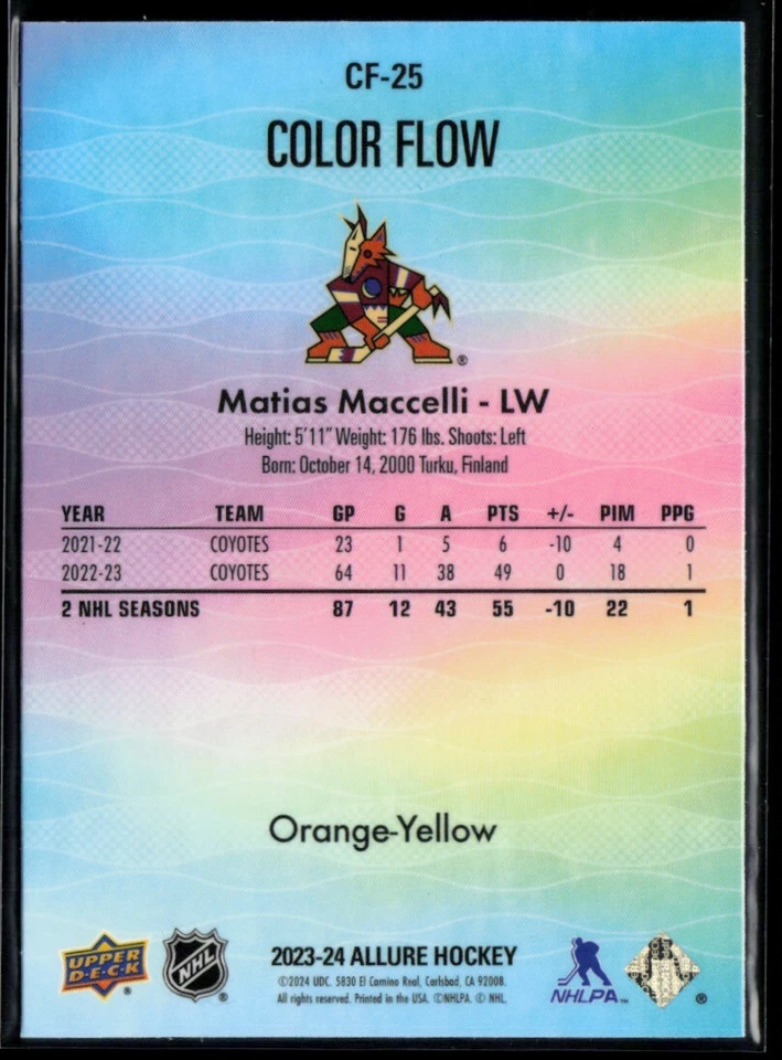 2023-24 Upper Deck Allure Color Flow Orange-Yellow #CF-25 Matias Maccelli - Image 2 of 2