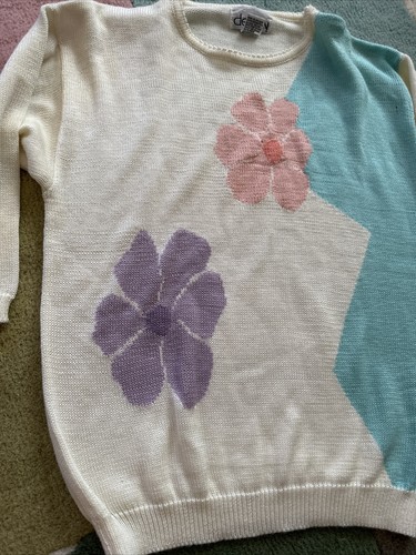 Vintage 80s Womens Lady Devon Hippie Boho Floral Pastel Crewneck Sweater MOD - Picture 4 of 6