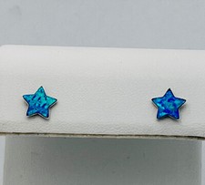 925 Sterling Silver Lab Created Blue Fire Opal Star Pierced Earrings