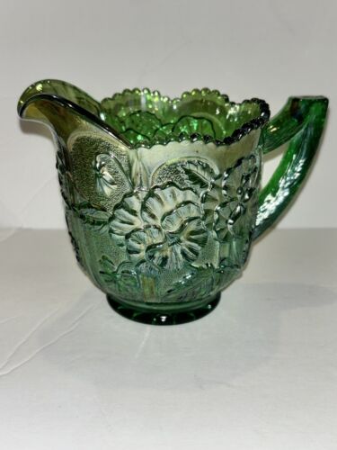 Vintage Imperial Green Carnival Glass Creamer 4" Tall 3.5" Wide - Picture 2 of 11