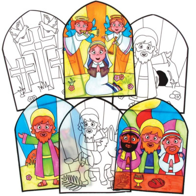 AX793 Holy Week Window Decorations - Pack of 12, Easter Stained Glass Effect for