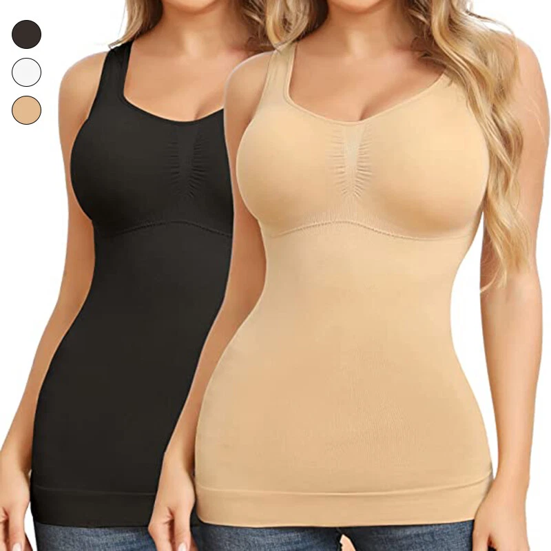 Women Built in Bra Padded Cami Vest Camisole Tank Top Body Shaper Tummy  Slimming