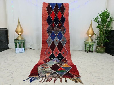 Vintage Moroccan Handmade Rug 2'9''x8'8'' Geometric Berber Red Gray Wool Rug