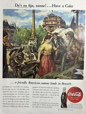 1945 Coca Cola Co Soda WWII Friendly American Brussels Soldiers VTG Print Ad