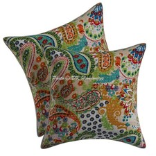 Bohemian Cotton Throw Pillow Covers Indian Kantha 16x16 In Paisley Boho Set Of 2