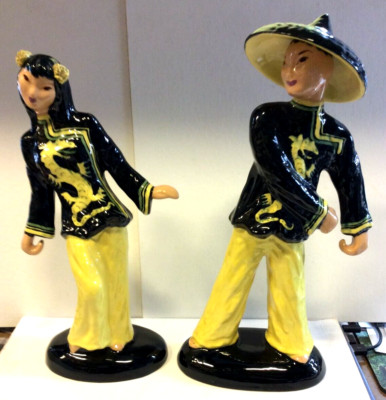 HEDI SCHLOOP PORCELAIN FIGURINES ASIAN BLACK & YELLOW DRAGON ATTIRE!! NICE!!