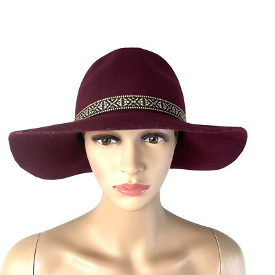 Womens Maroon Wool Felt Hat Wide Brim Hat Colorful Band Boho