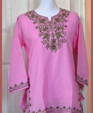 Brown Embroidered Pinnk Color Cotton Tunic Top Kurti from India Medium