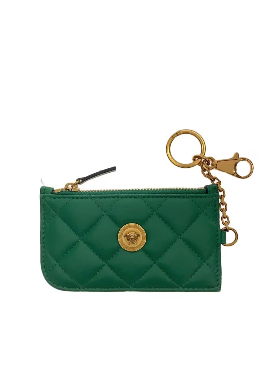 VERSACE Quilted Card Case Leather Green Women's