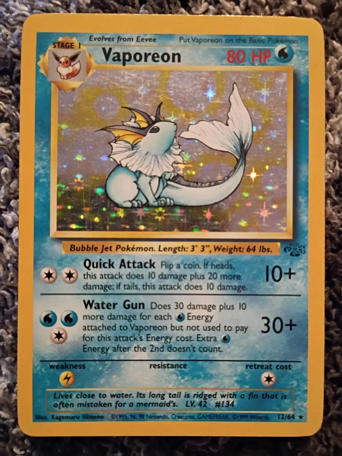 Pokemon Card Vaporeon Holo 12/64 1999