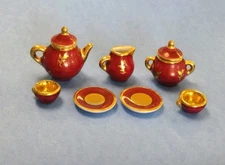 Limoges France Tea Set Vintage Miniature Porcelain Red Gilt trim gold 9 PC
