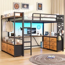 Twin Loft Bed with L-Shaped Desk &8 Drawers, Metal Kids Loft Bed with Led Lights