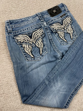Miss Me Jeans Womens 29 Signature Rise Boot Cut Stretch Rhinestone Angel Wings