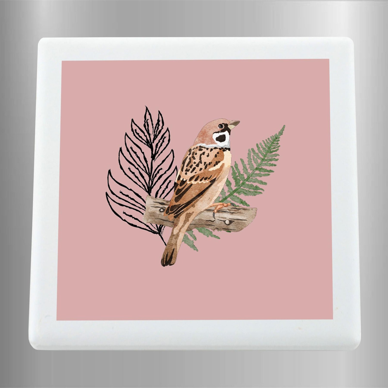 Sparrow Bird In Garden on Pink Square Ceramic Fridge Magnet