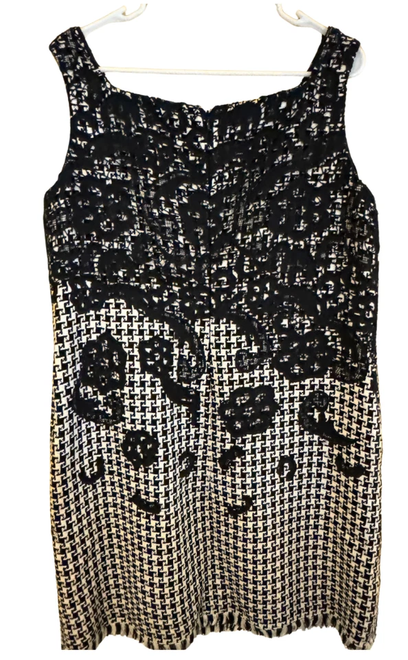 Vestido Oscar De La Renta Talla 14 Negro Blanco Encaje Apliques Pata de Gallo 100% Seda Foto 3 de 4